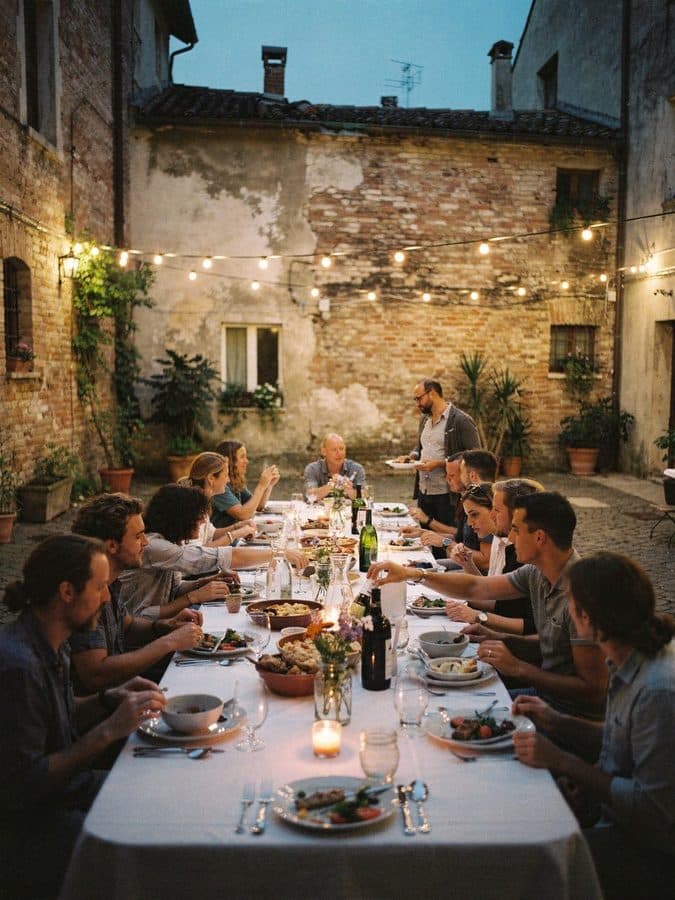 A long supper table in a courtyard at dusk.