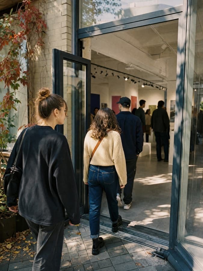 Alcune amiche entrano in una galleria d'arte contemporanea a Kyiv.
