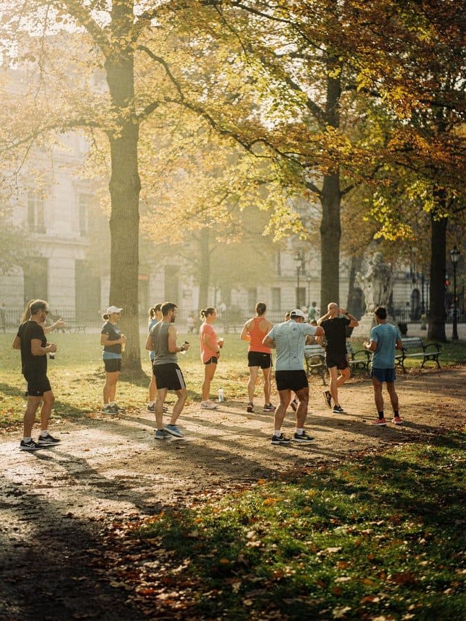 A morning running club in a city park.