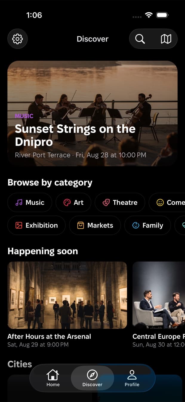 The Discover screen in Nook with a featured event, category chips and events happening soon.