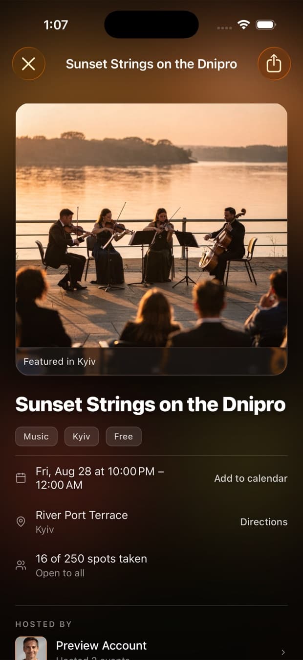 An event page in Nook showing its cover image, title, time, location and a map.