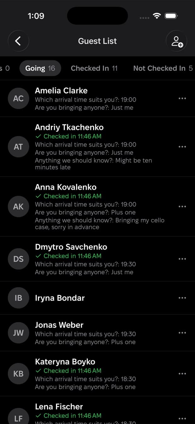 A guest list in Nook, each reply showing the answers that guest gave.