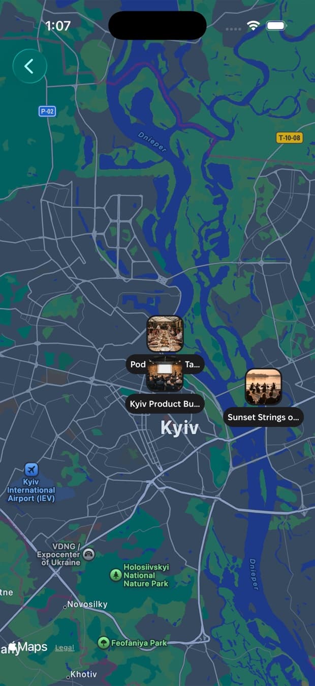 A dark map of Warsaw in Nook with pins for the events happening around the city.