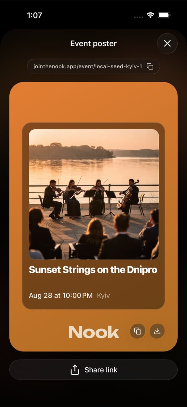 The share screen in Nook showing an event poster and its public link.