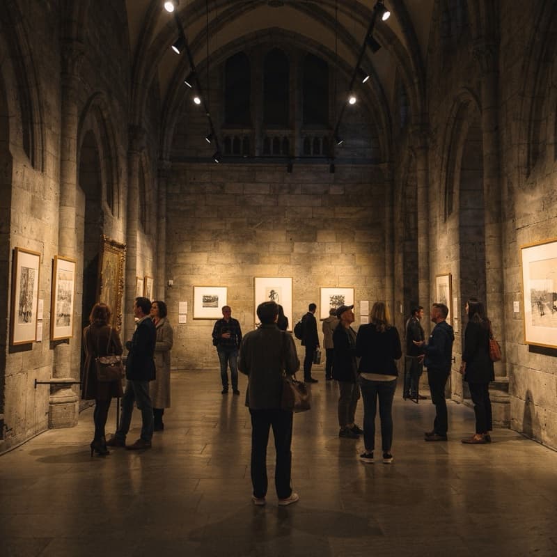 An evening gallery viewing in a vaulted stone hall.