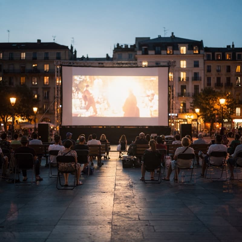 An open-air cinema screening on a city square at dusk.