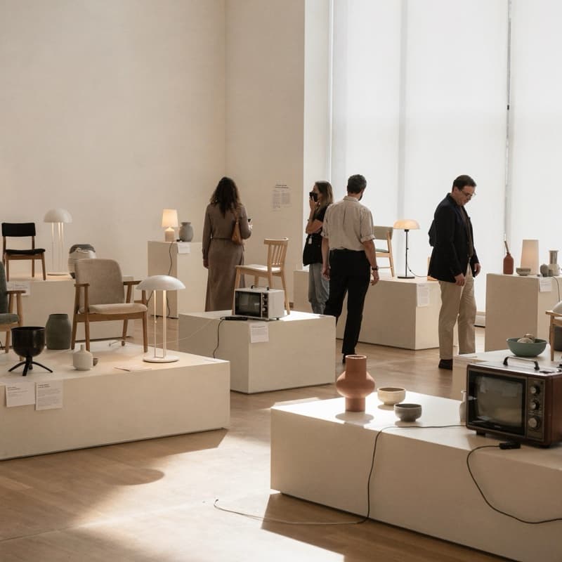 Everyday objects displayed on pale plinths in a bright gallery.