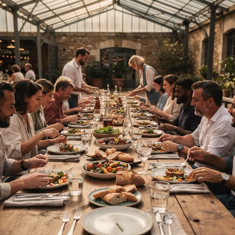 A long communal table laid for lunch in a covered market courtyard.