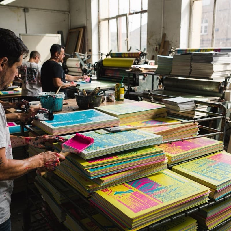 Brightly printed posters drying beside a risograph press.