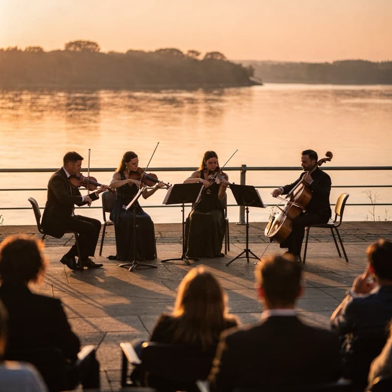 A string quartet playing on a riverside terrace at sunset, with a seated audience.
