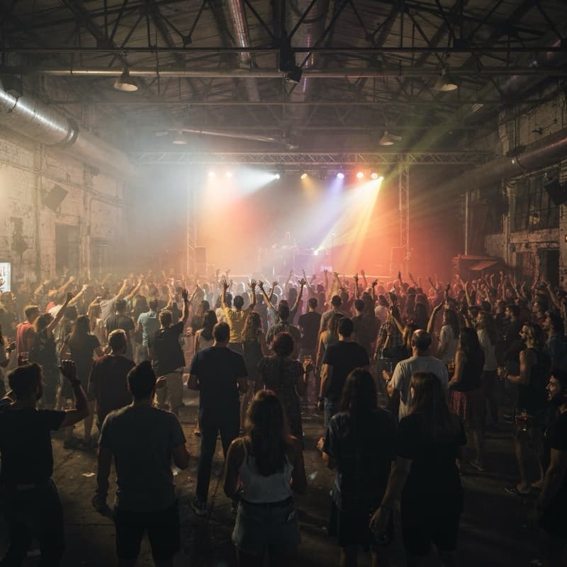 A crowd dancing under stage lights in a warehouse.